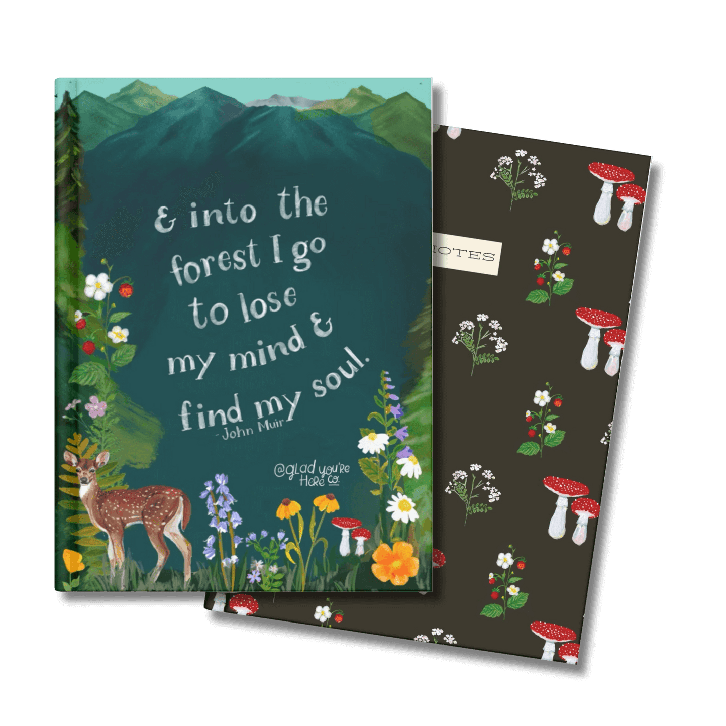 Nature-Inspired Notebook Set – Hand-Painted Mushroom & Wilderness Quote Designs – 2-Pack Lined Journals with Illustrated Pages