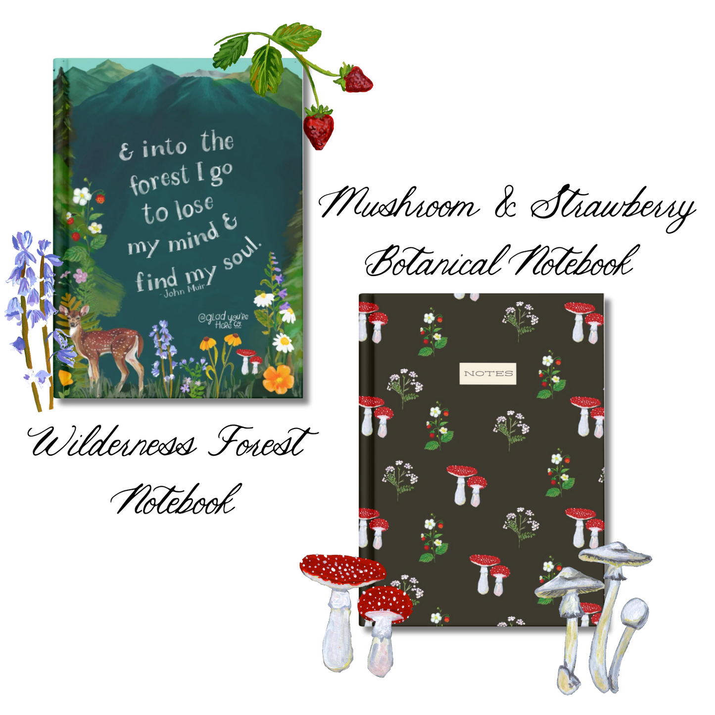 Nature-Inspired Notebook Set – Hand-Painted Mushroom & Wilderness Quote Designs – 2-Pack Lined Journals with Illustrated Pages