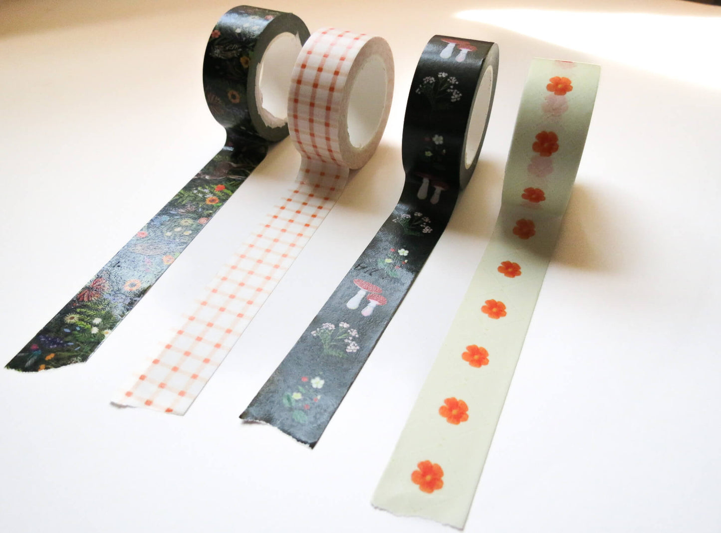 Washi Tape Set – Nature-Inspired 4-Pack | Forest, Mushroom, Floral & Plaid Designs | 20mm x 20m Each