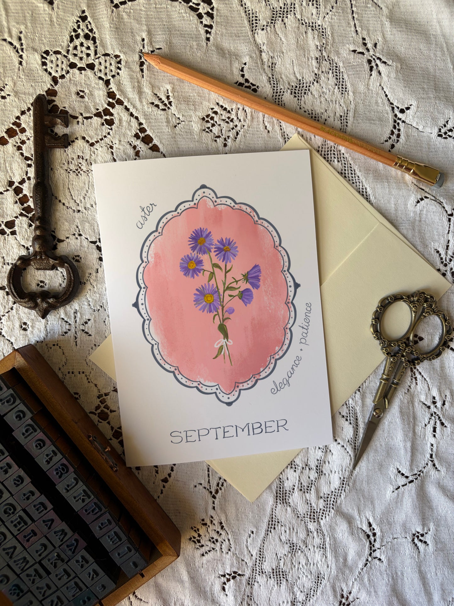 September Birth Month Flower Greeting Card– Aster Flower Painting Birthday Card – Vintage Botanical Card with Envelope