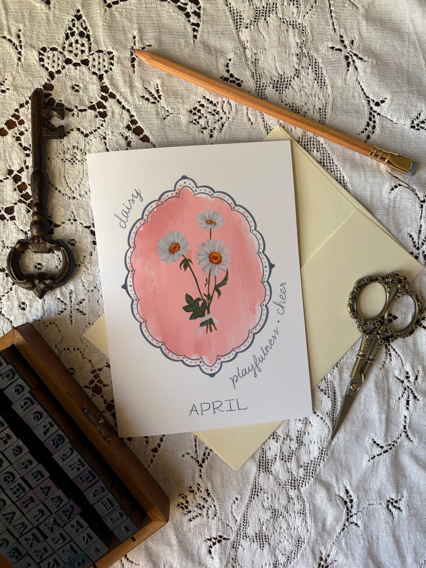 April Birth Flower Greeting Card – Daisy Art on Handmade Paper – Vintage Botanical Cheer & Optimism