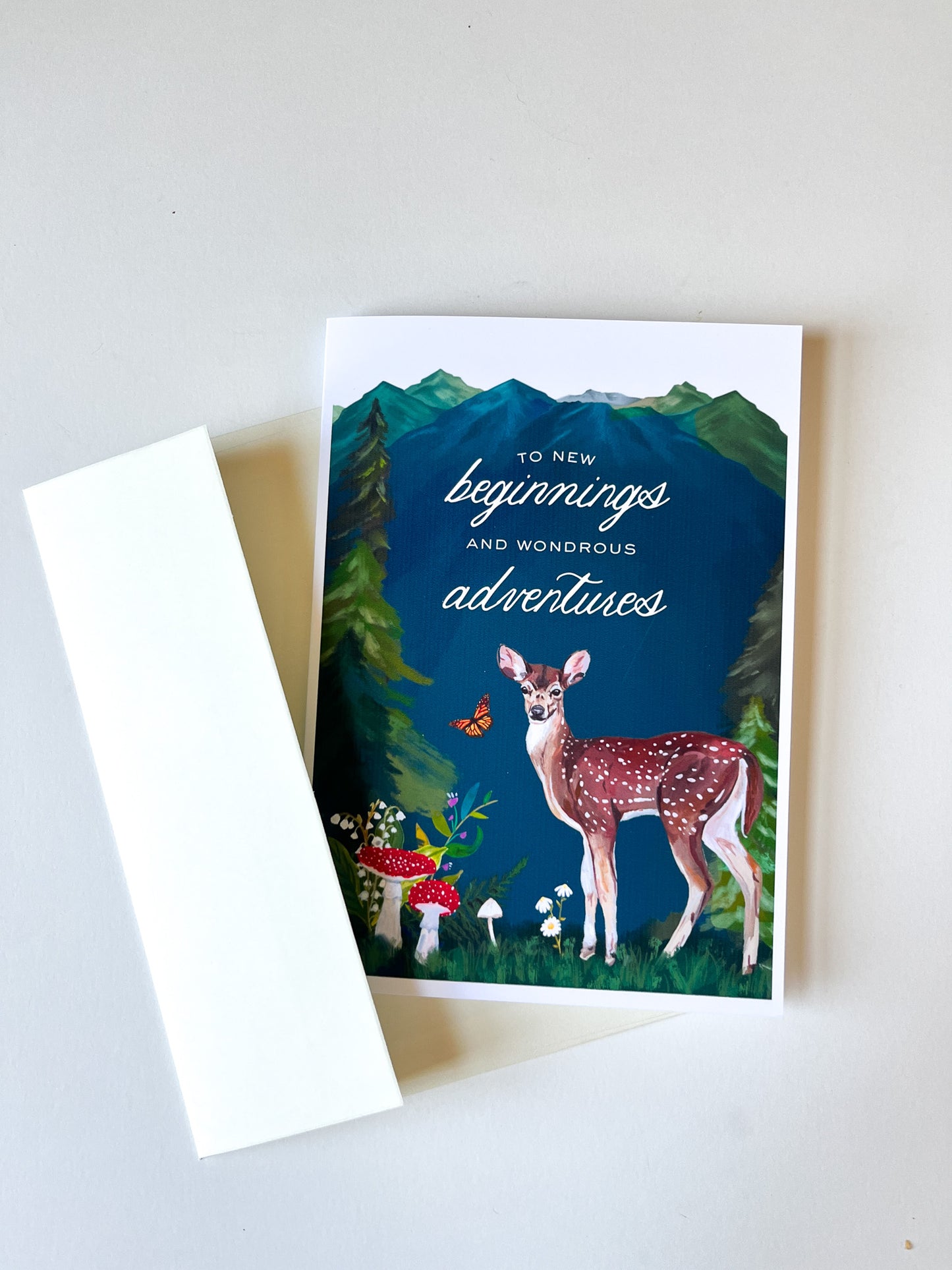 To New Beginnings Greeting Card – 5x7 Nature-Inspired Card with Deer & Watercolor Envelope Liner