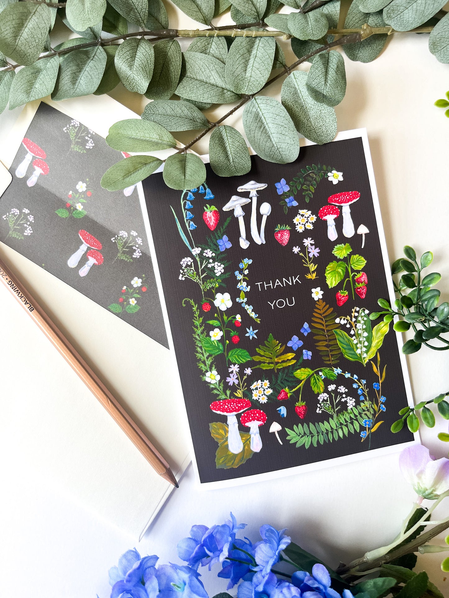 Thank You Greeting Card – Botanical Mushroom Illustration with Matching Envelope Liner | 5x7 Nature-Themed Card