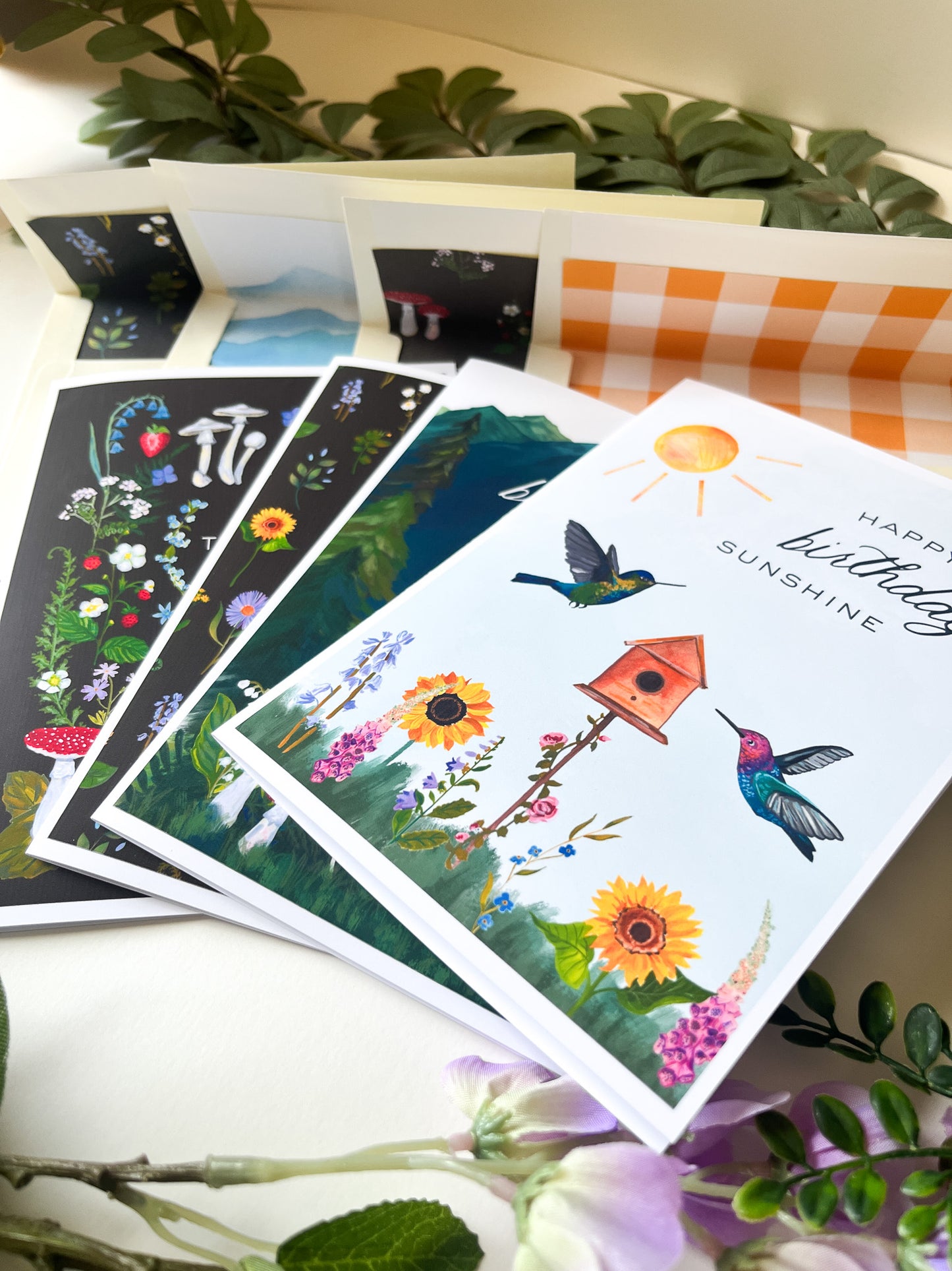 Happy Birthday Sunshine Greeting Card – 5x7 Hummingbird & Sunflower Illustration with Gingham Envelope Liner