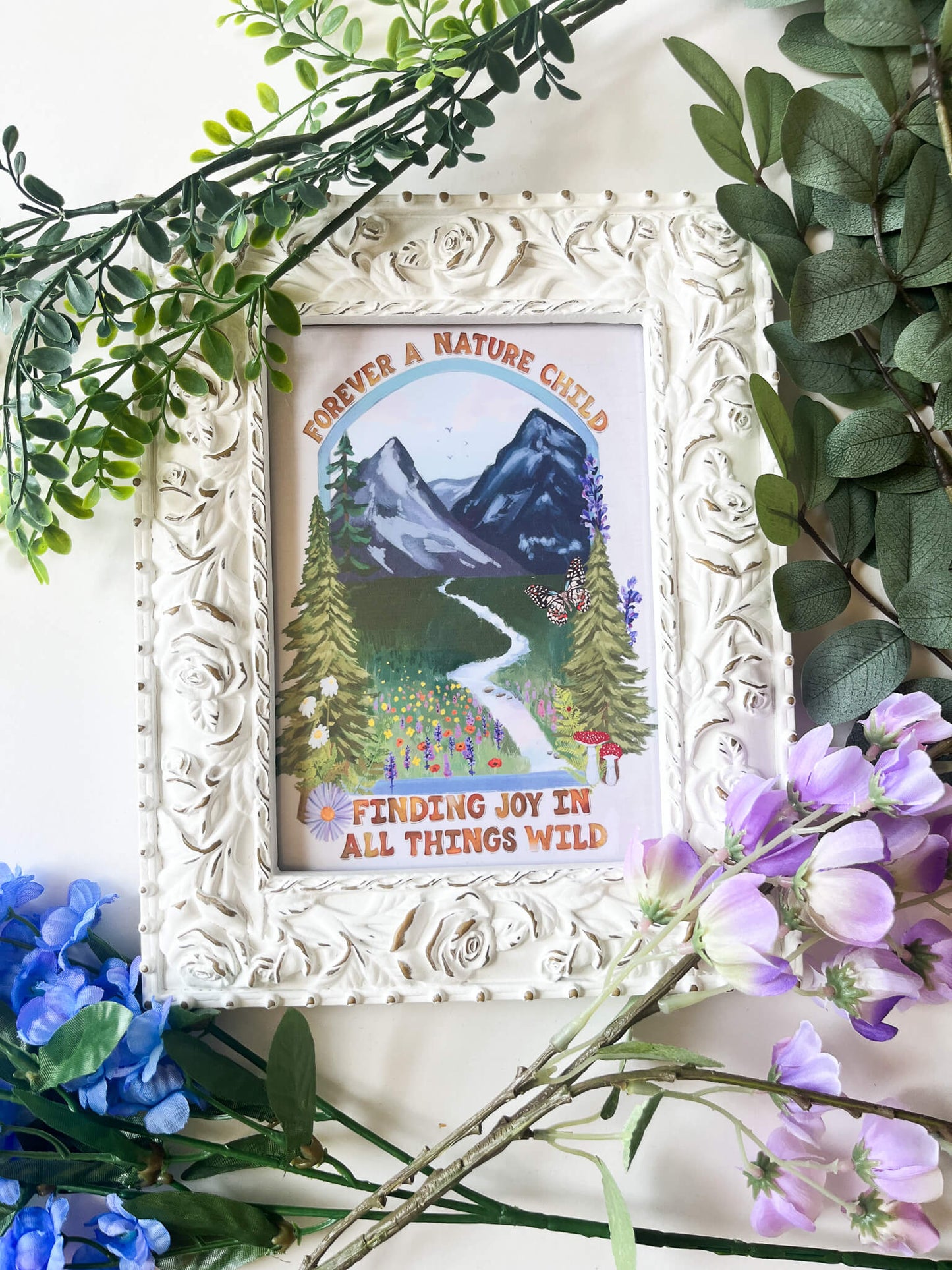 Forever a Nature Child Art Print – Finding Joy in All Things Wild | 5×7, 8×10, 11×14 | Mountain & Wildflower Illustration on Satin Photo Paper