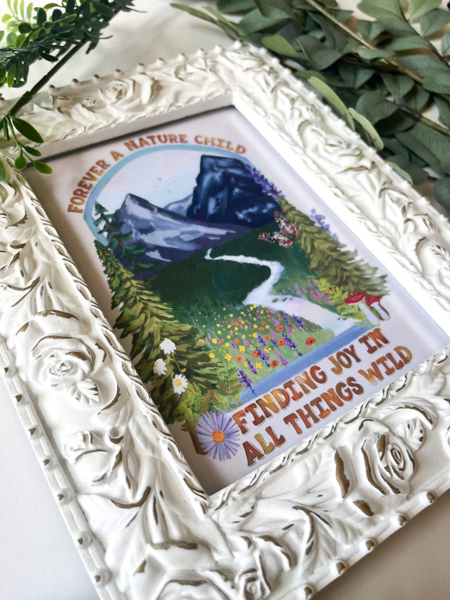 Forever a Nature Child Art Print – Finding Joy in All Things Wild | 5×7, 8×10, 11×14 | Mountain & Wildflower Illustration on Satin Photo Paper