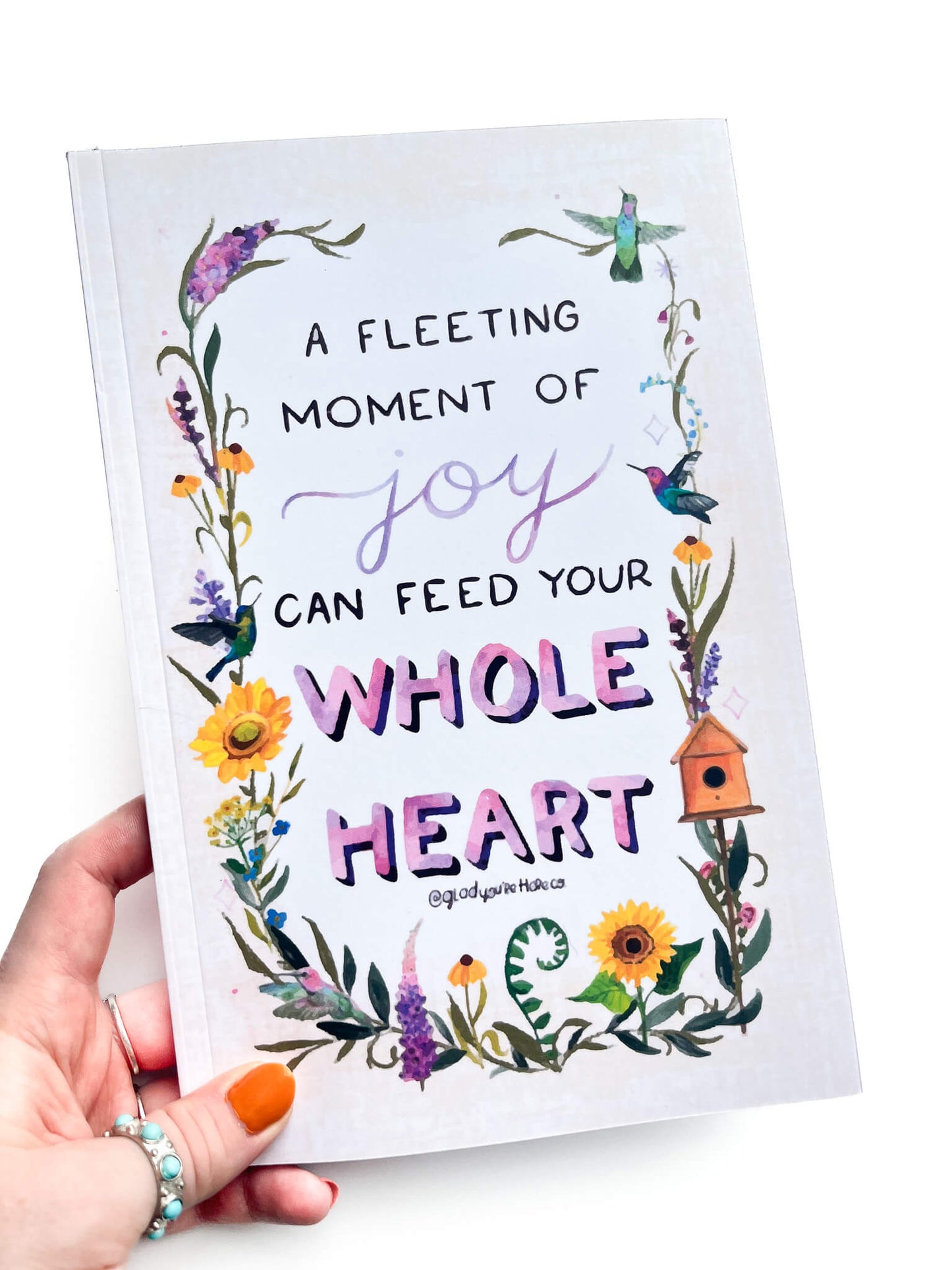 Hummingbird Joy Quote Notebook – Wildflowers & Hummingbirds on Butter Yellow – Lined Pages with Illustrated Corners