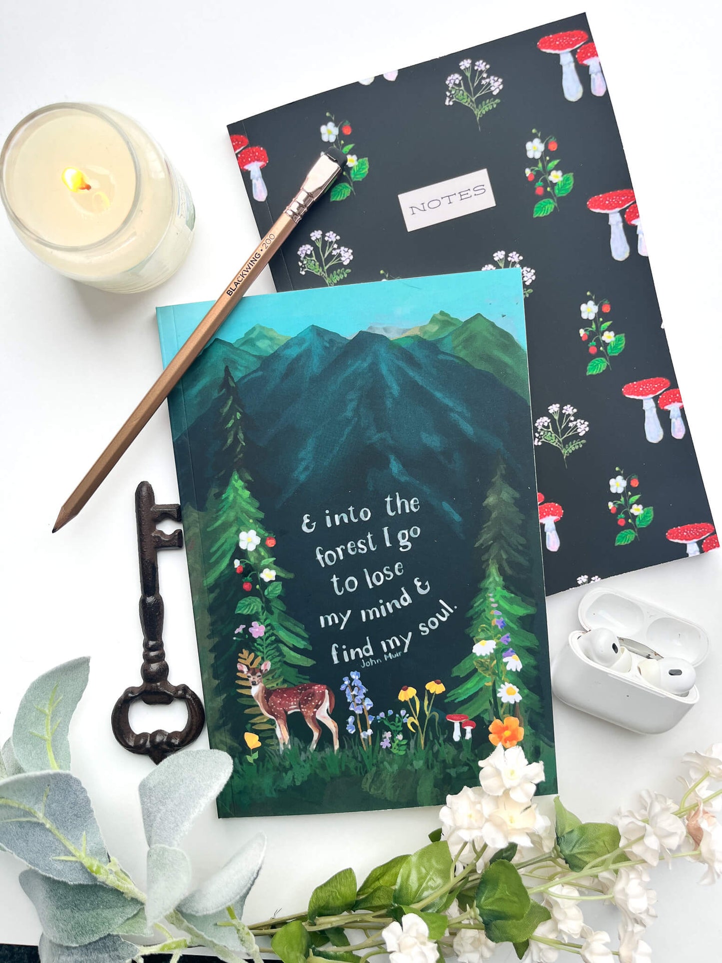 Nature-Inspired Notebook Set – Hand-Painted Mushroom & Wilderness Quote Designs – 2-Pack Lined Journals with Illustrated Pages