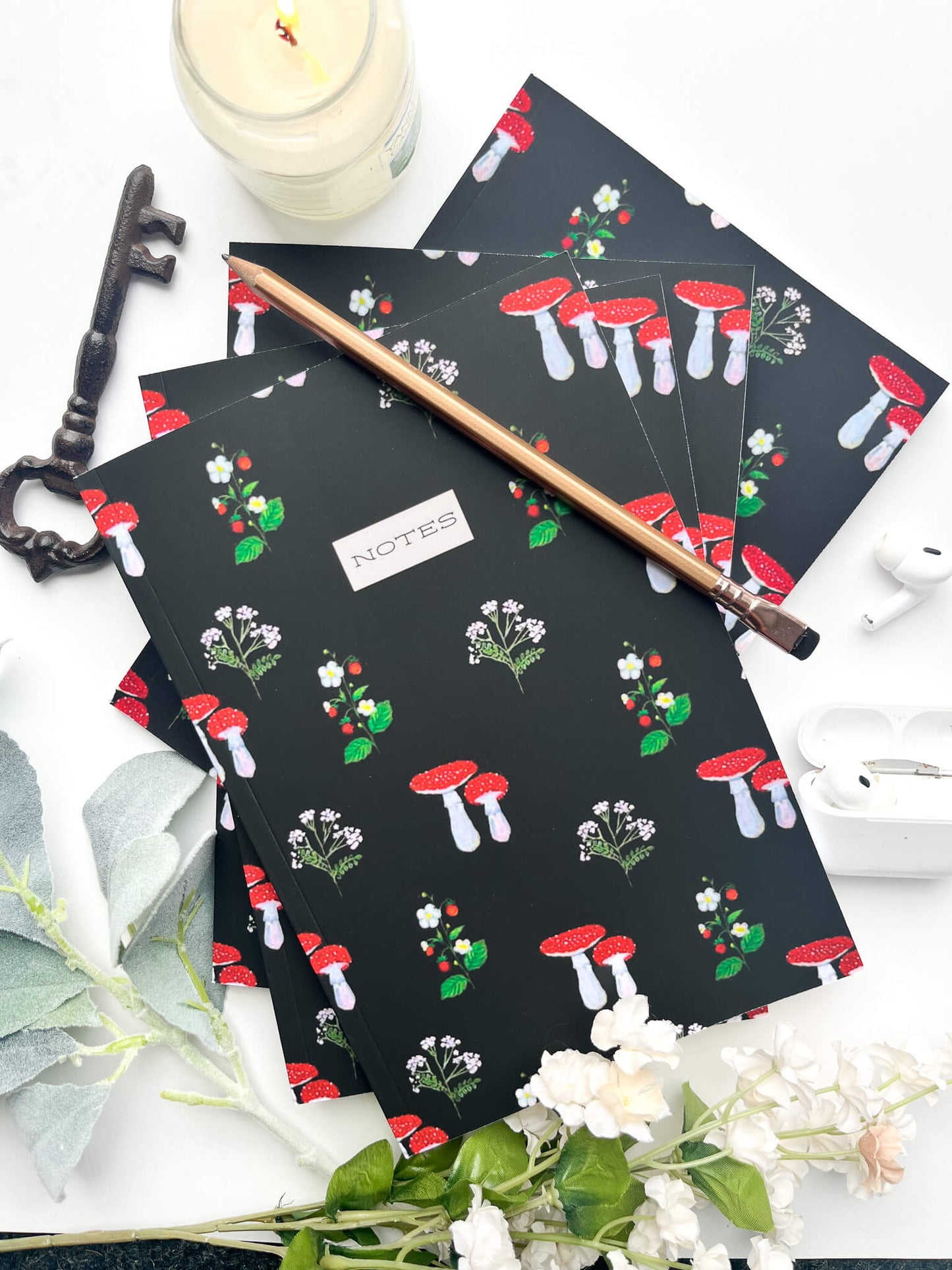 Hand-Painted Mushroom & Strawberry Botanical Notebook – Lined Pages with Whimsical Garden Illustrations