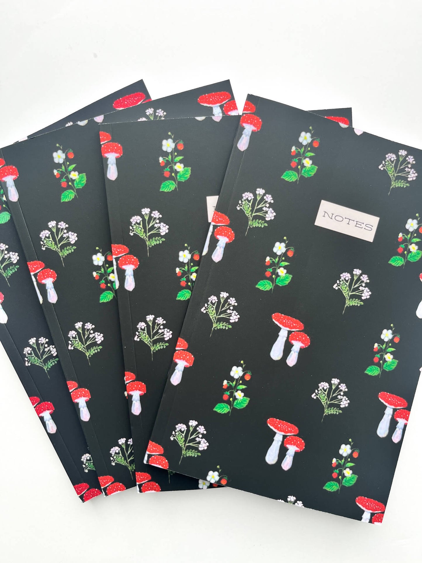 Hand-Painted Mushroom & Strawberry Botanical Notebook – Lined Pages with Whimsical Garden Illustrations