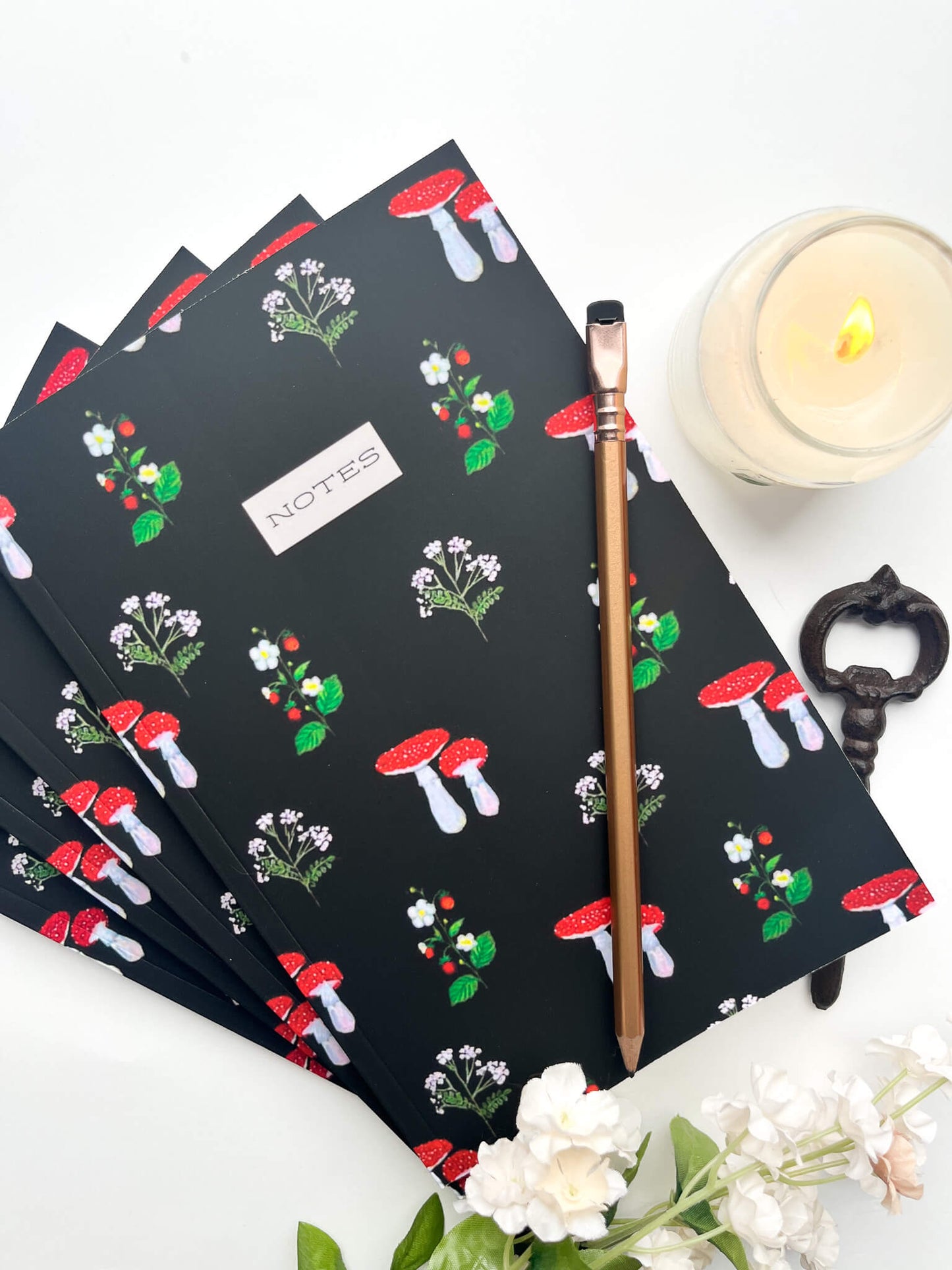 Hand-Painted Mushroom & Strawberry Botanical Notebook – Lined Pages with Whimsical Garden Illustrations
