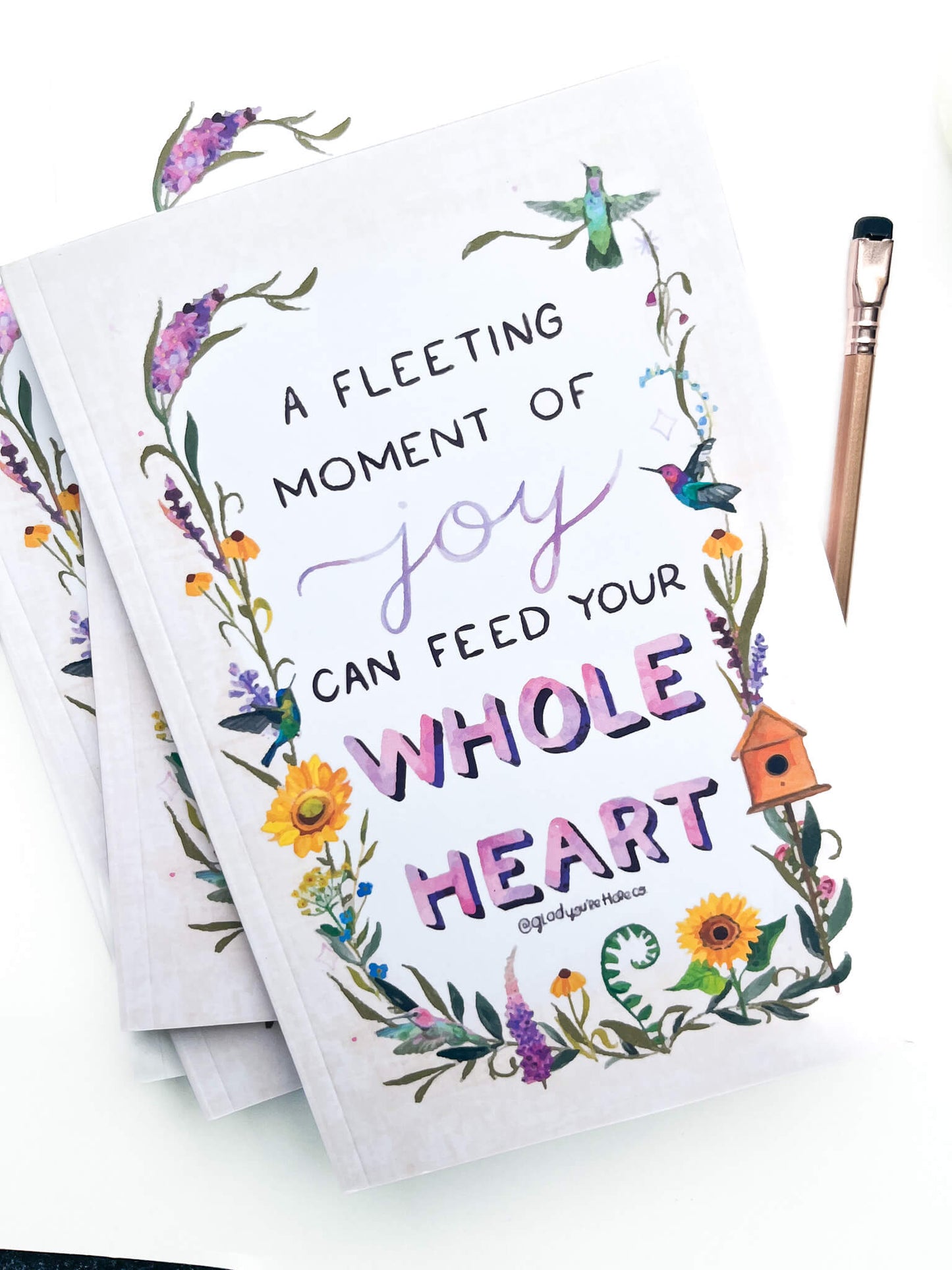Hummingbird Joy Quote Notebook – Wildflowers & Hummingbirds on Butter Yellow – Lined Pages with Illustrated Corners
