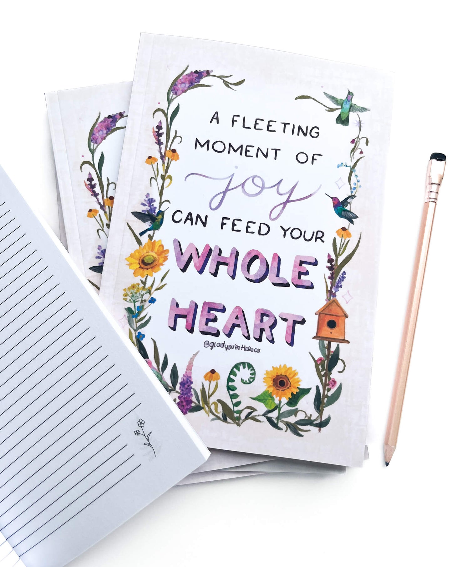 Hummingbird Joy Quote Notebook – Wildflowers & Hummingbirds on Butter Yellow – Lined Pages with Illustrated Corners