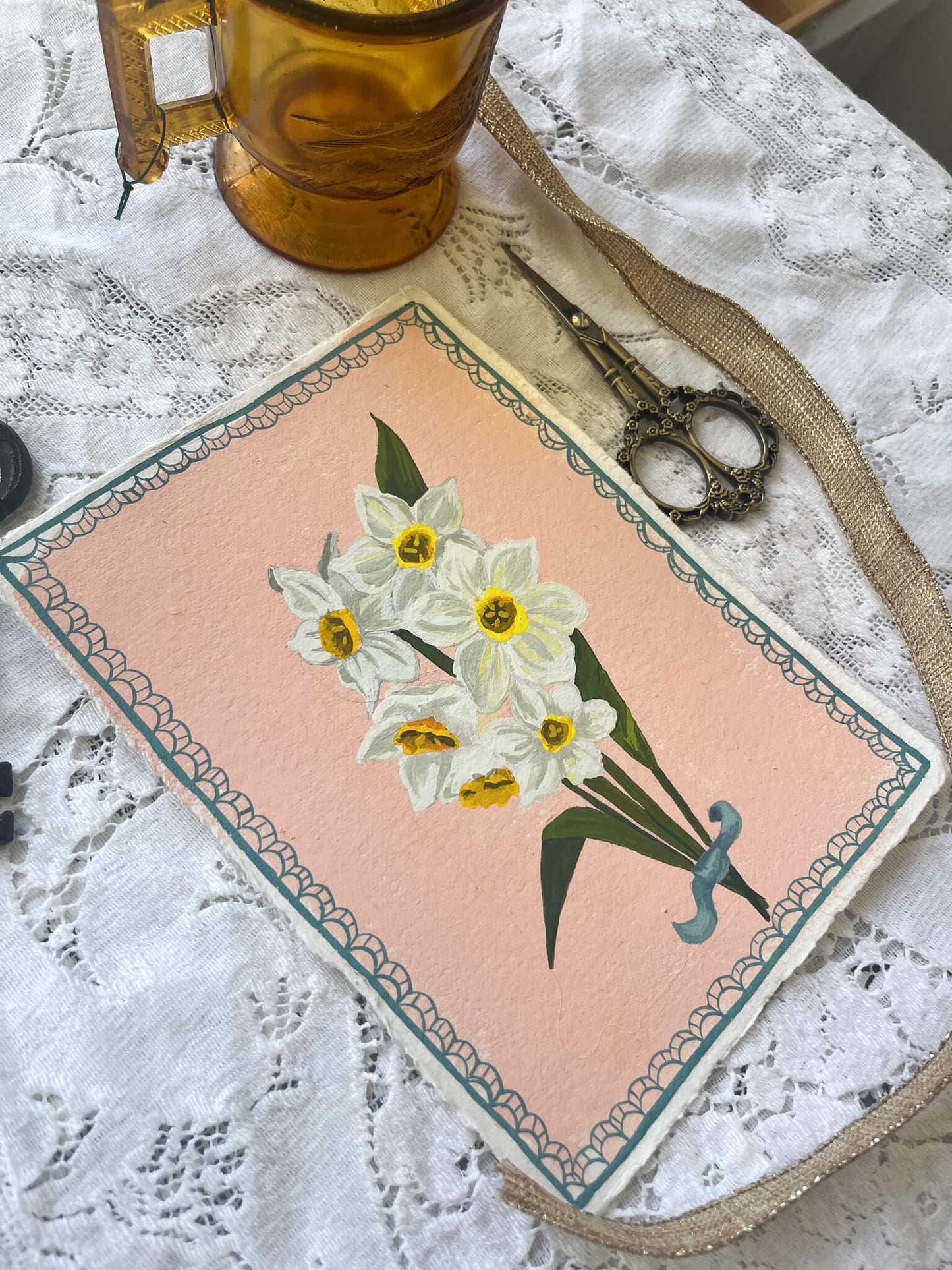 Original December Birth Month Flower Art– Narcissus Flower Painting on Handmade Paper – Vintage Botanical Artwork of Prosperity & Hope