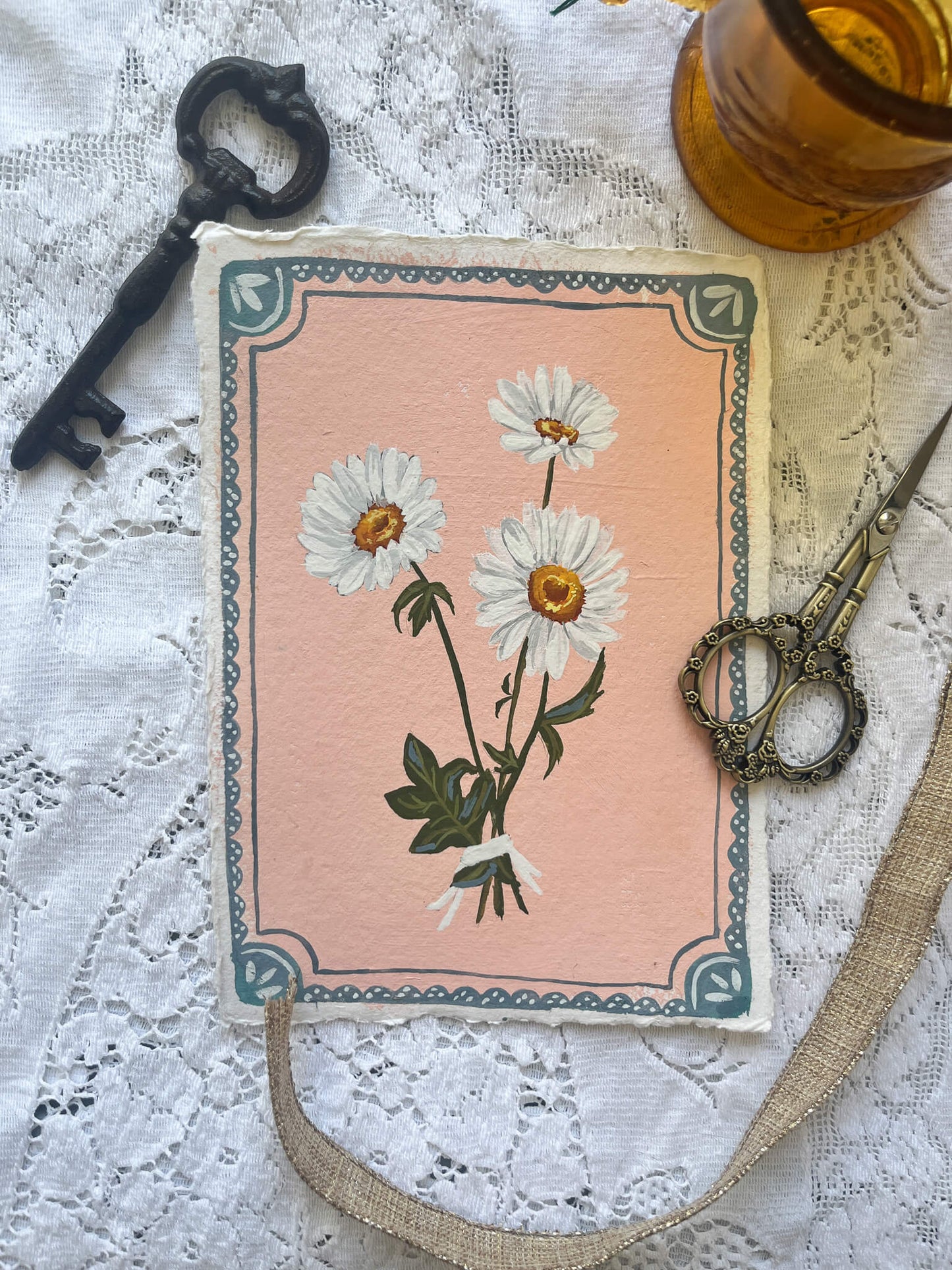 Original April Birth Flower Painting – Daisy Art on Handmade Paper – Vintage Botanical Wall Art for Cheer & Optimism