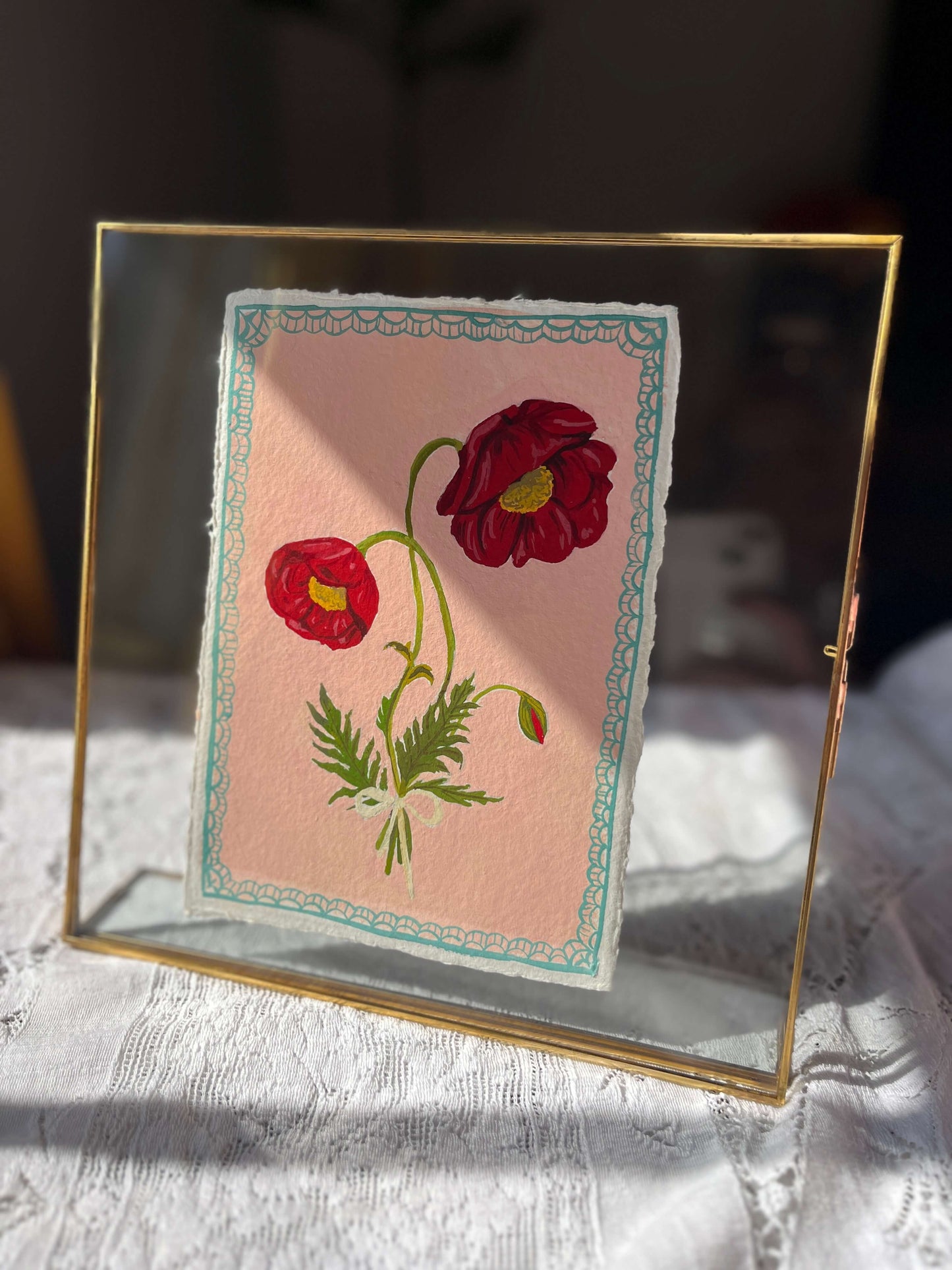 Original August Birth Month Flower Art – Poppy Flower Painting on Handmade Watercolor Paper – Hand-Painted Vintage Botanical Wall Art