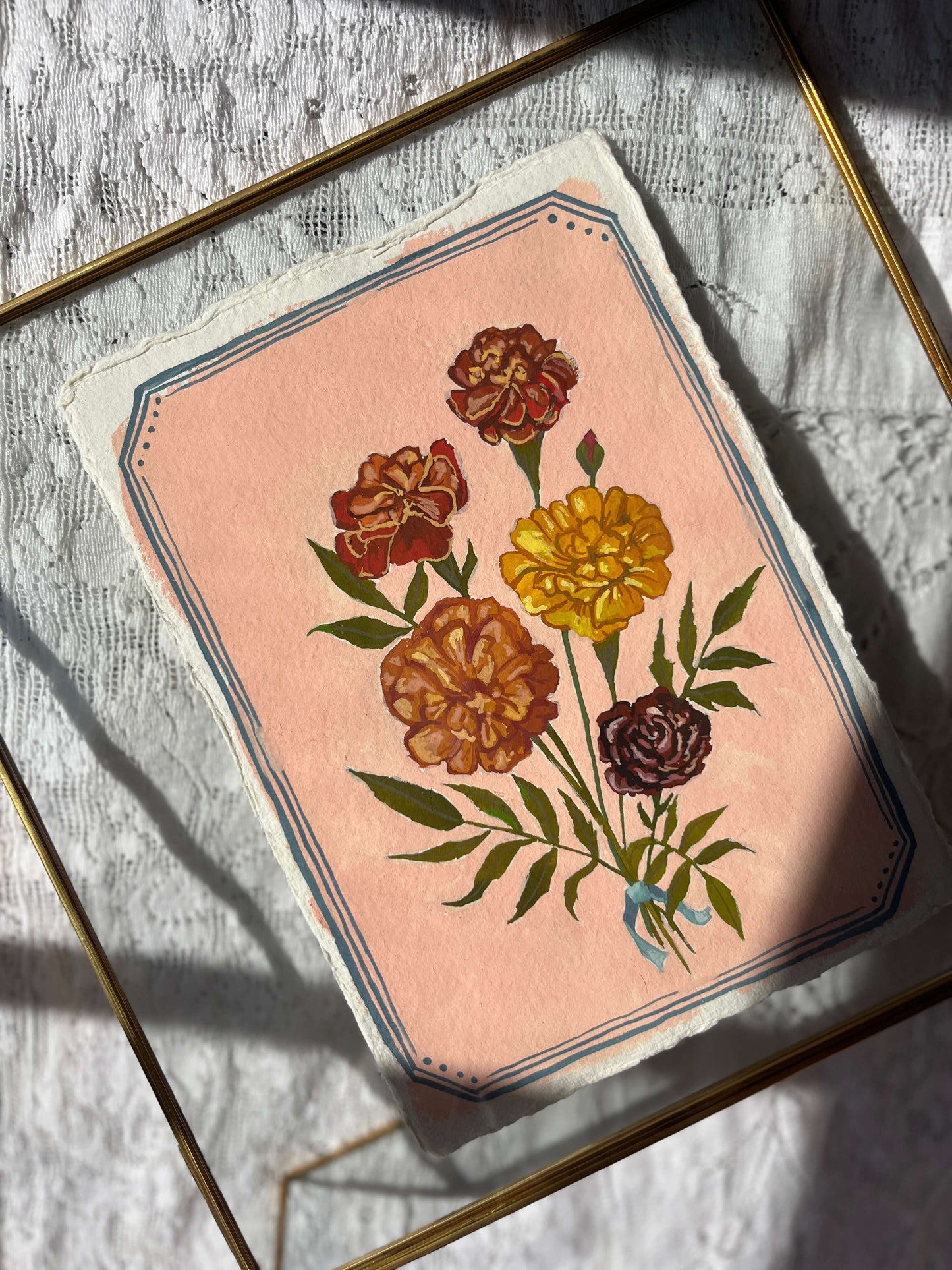 Original October Birth Month Flower Art Marigold Flower Painting – Marigold Flower Painting on Handmade Paper – Vintage Botanical Artwork