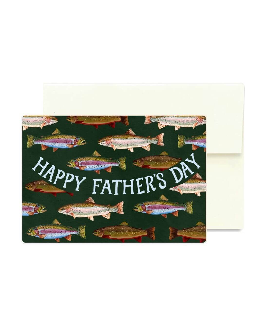 A Father's Day greeting card featuring a dark green background with a pattern of colorful fish and the text 'HAPPY FATHER'S DAY' in white, shown with a plain white envelope behind it.