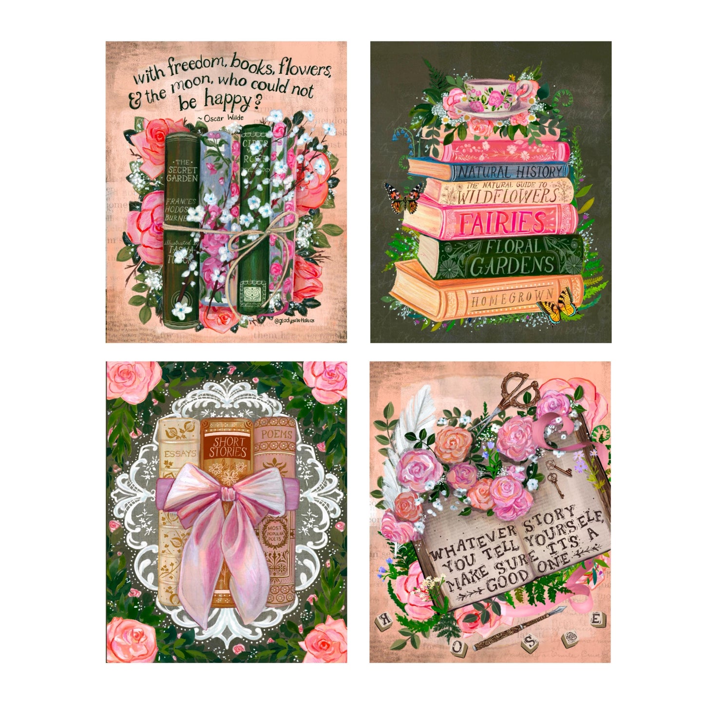 Romantic Floral Art Prints - Butterfly & Bow Aesthetic | Oscar Wilde Quote, Book Lover Wall Art, Literary Decor | Set of 4