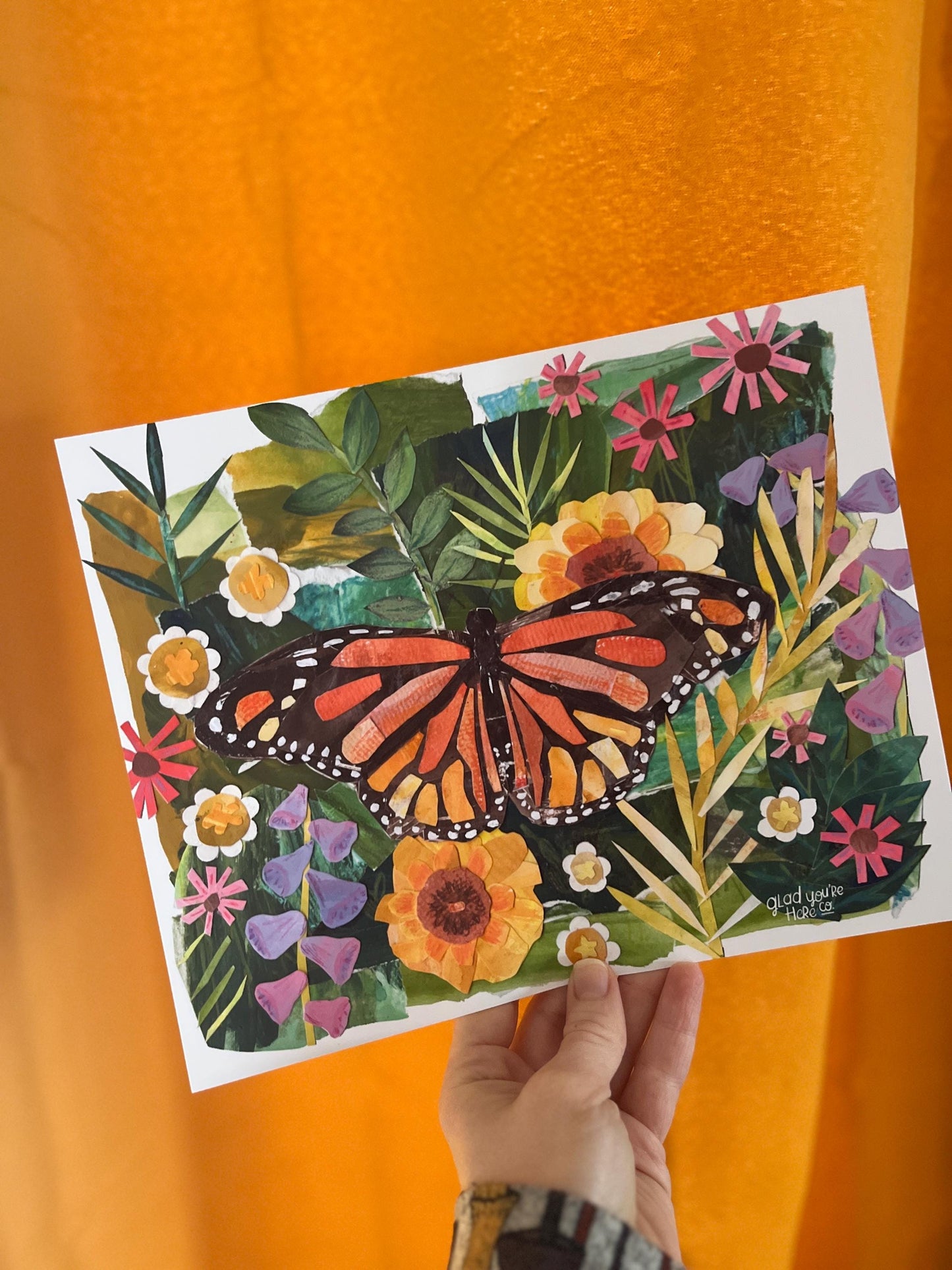 Monarch Butterfly Garden Collage Art Print | Nature-Inspired Mixed Media Wall Decor, Botanical Butterfly Illustration, Blooming Garden Art