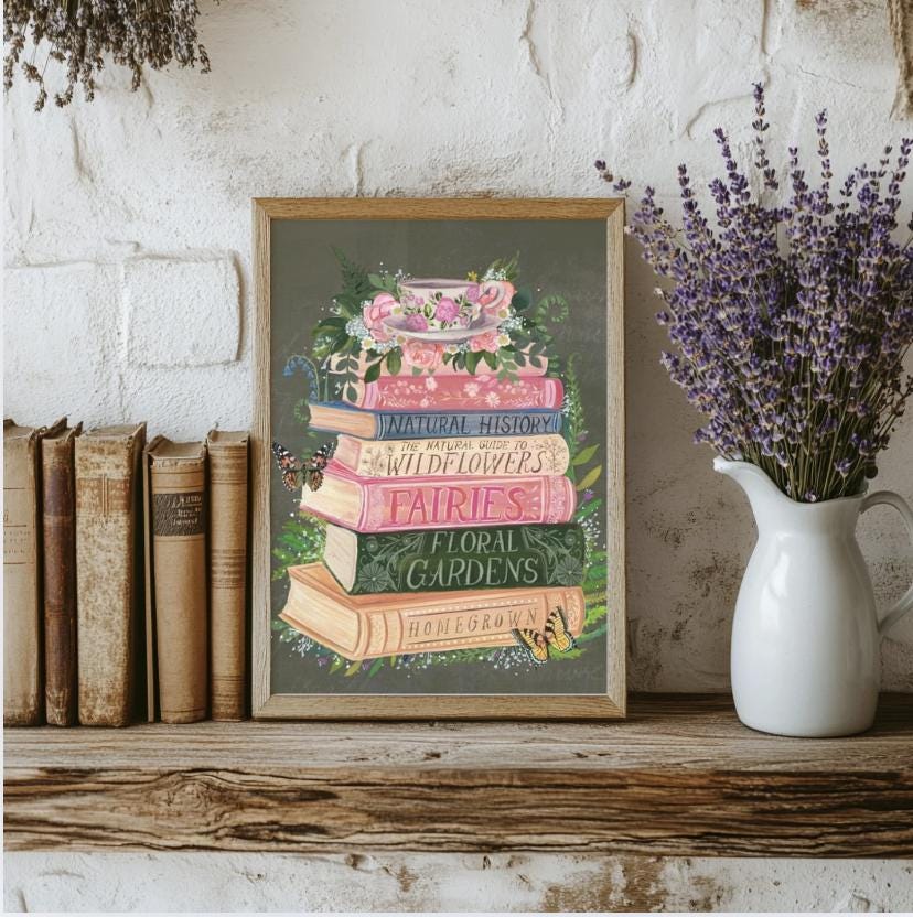 Floral Book Art | Reading Nook Decor for Book Lovers | Floral Teacup Wall Art Soft Bookish Vibes | Bookful Art for Home | Literature Teacher