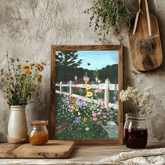 Framed artwork of a garden scene on a wooden surface with decorative items.