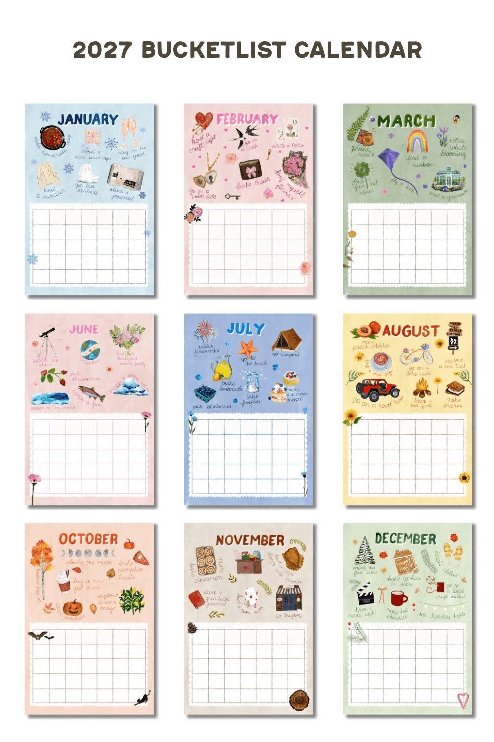 A 12-month 2027 bucketlist calendar set displayed in a 3x4 grid. Each monthly page features a pastel-colored background with seasonal illustrations and a grid for tracking goals.