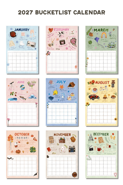 A 12-month 2027 bucketlist calendar set displayed in a 3x4 grid. Each monthly page features a pastel-colored background with seasonal illustrations and a grid for tracking goals.