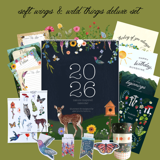 Soft Wings & Wild Things Deluxe Set – Calendar, Notebook, Washi, Cards & More | Nature-Inspired Stationery Gift Box