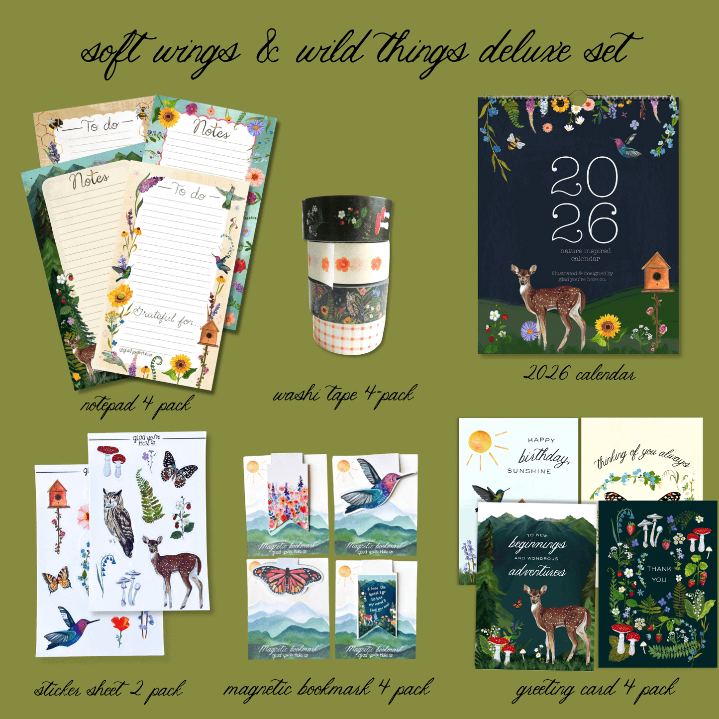 Soft Wings & Wild Things Deluxe Set – Calendar, Notebook, Washi, Cards & More | Nature-Inspired Stationery Gift Box