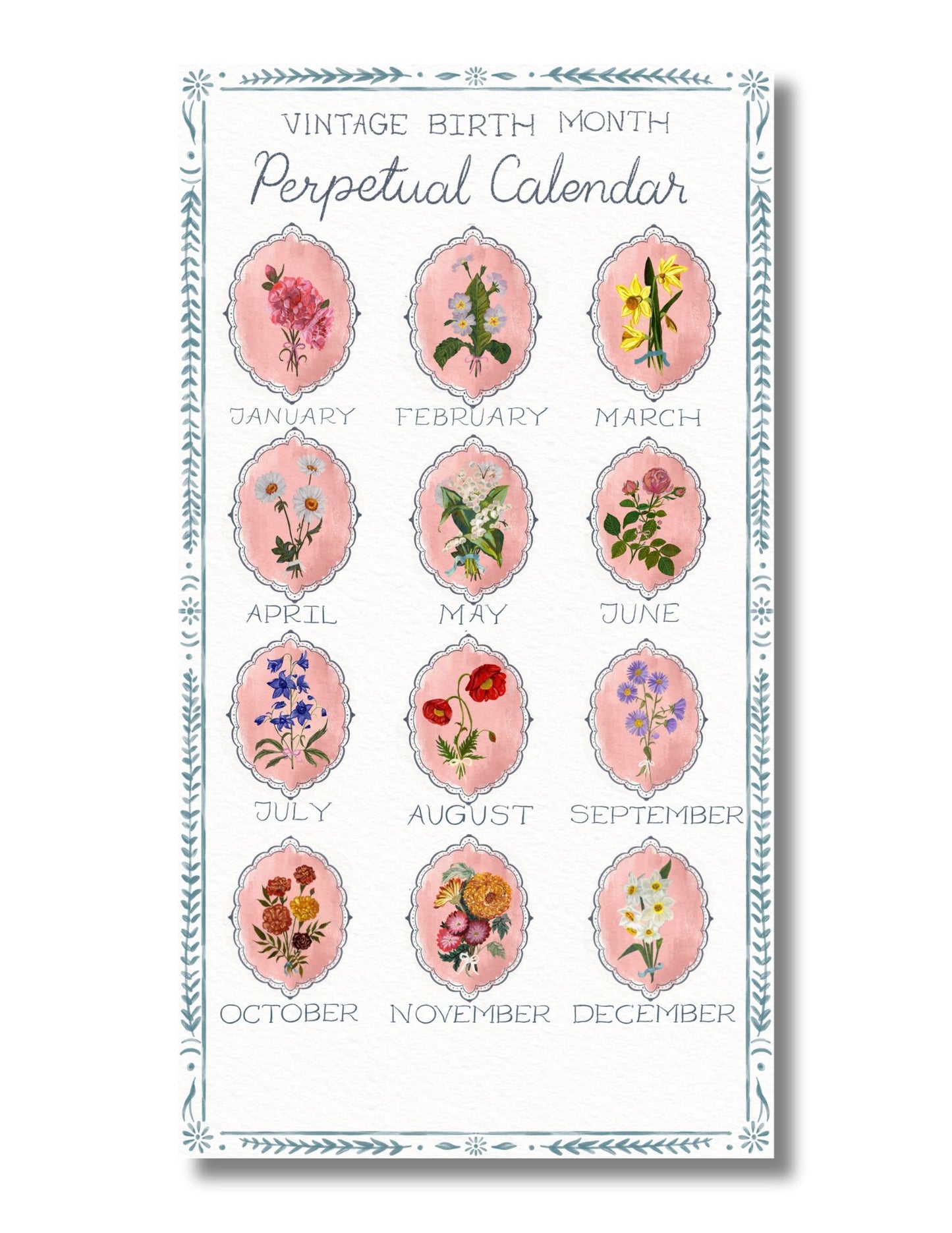 Birth Month Flower Perpetual Calendar | Vintage Floral Wall Hanging Calendar | Birthday Calendar | Notes & Special Dates Organizer