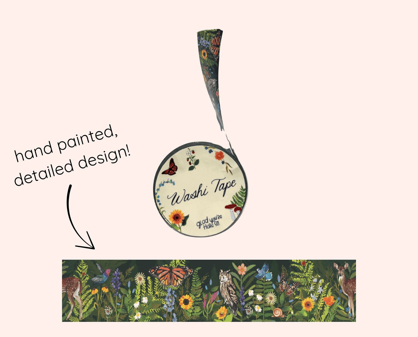 Woodland Creatures Washi Tape – Floral Forest Theme with Deer, Birds, Butterflies & Botanicals | 20mm x 20m each