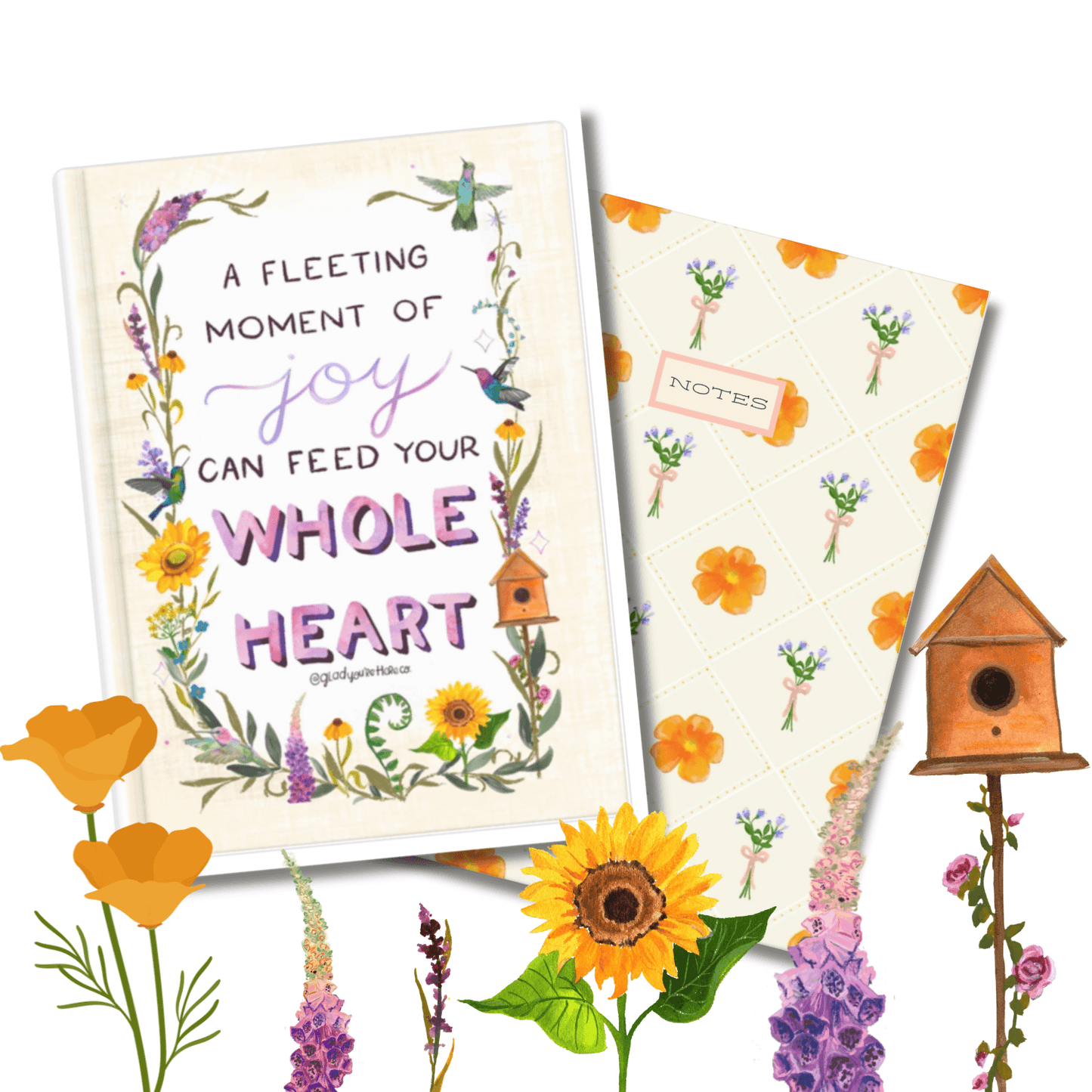 Poppy & Hummingbird Notebook Duo – Softcover, 2‑Pack, 100‑Page Lined Journals with Floral & Bird Artwork