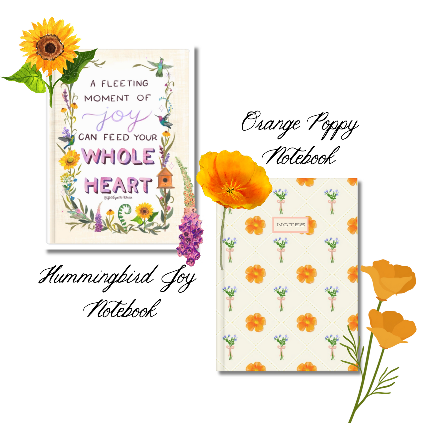 Poppy & Hummingbird Notebook Duo – Softcover, 2‑Pack, 100‑Page Lined Journals with Floral & Bird Artwork
