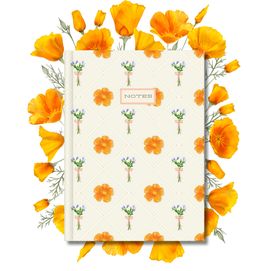 Orange Poppy Floral Notebook – Softcover, 100 Pages, Lined Journal with Plaid & Wildflower Border Art