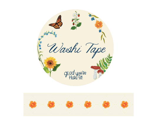 Orange Poppy Washi Tape – Minimal Floral Grid Pattern | 20mm x 20m each Decorative Stationery Tape