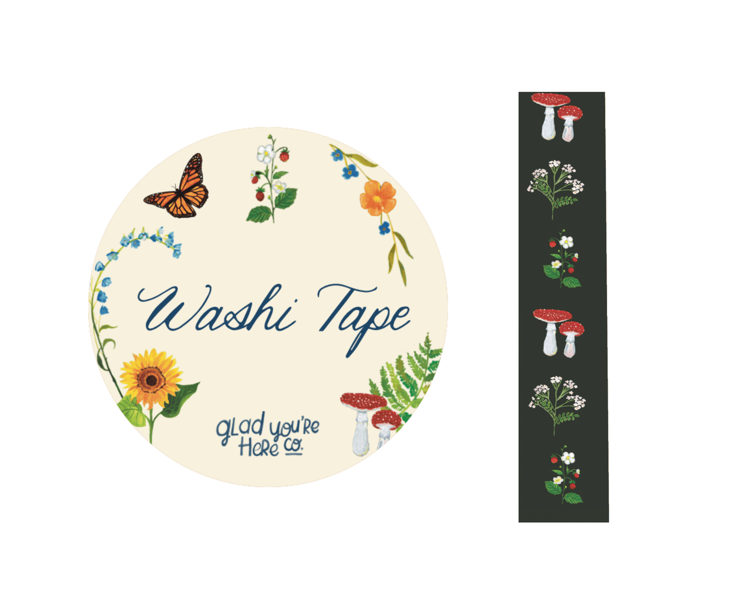 Mushroom & Wild Strawberries Washi Tape – Forest Fungi & Botanical Pattern | 20mm x 20m each Decorative Tape