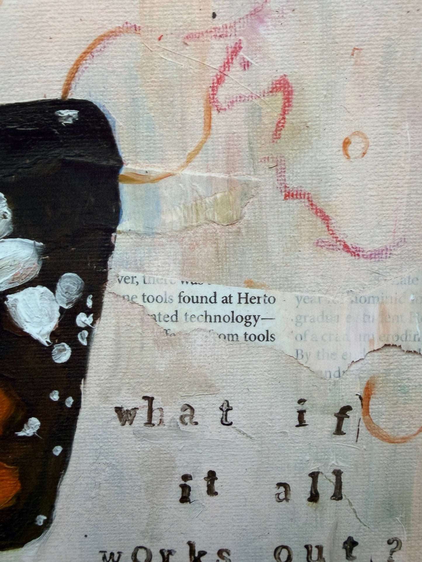 Abstract mixed-media artwork on textured paper featuring a large black shape with white and orange accents, faint newspaper text, and pink and orange scribbled marks.