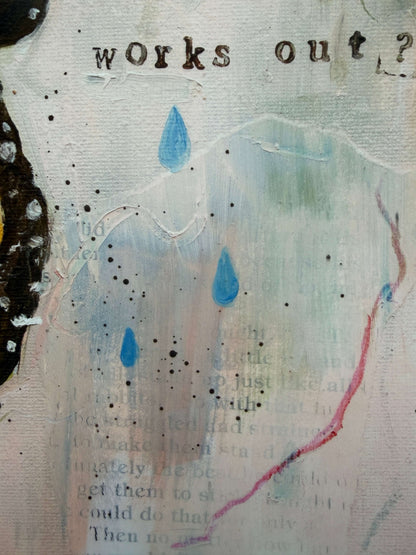 Abstract mixed-media artwork with the words 'works out?' at the top, blue raindrop shapes, black speckles, and a pale textured background with faint text.