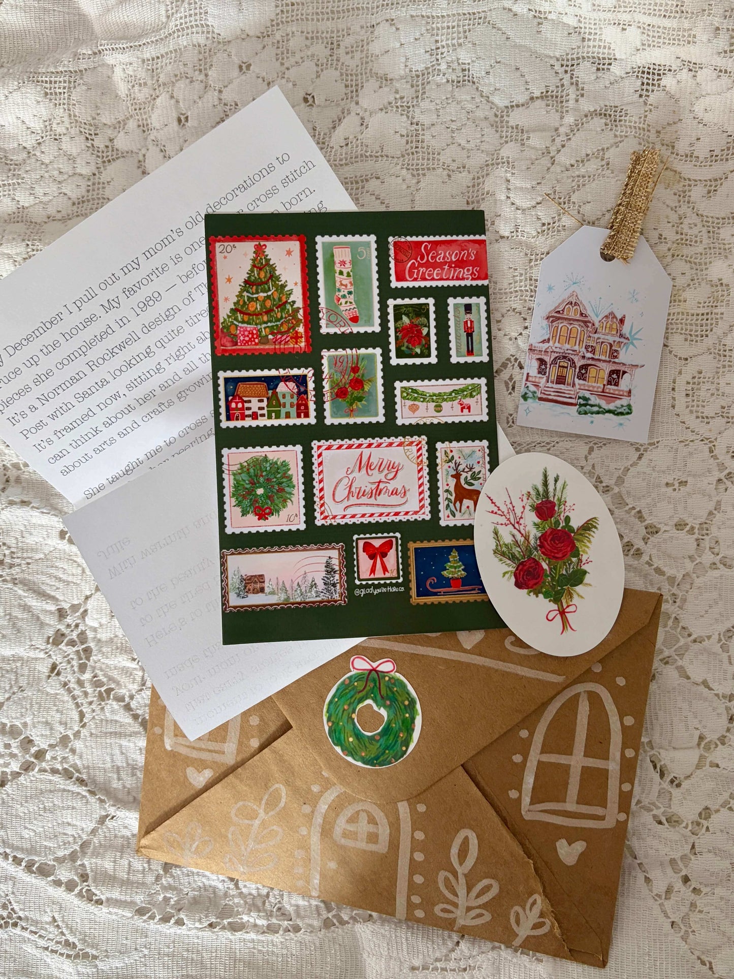 December letter, stamp like artwork, sticker, and gift tag as a monthly art subcription by glad you're here co.