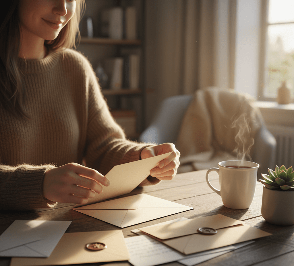 Woman enjoying opening her anture inspired mail from the Wild Petals Postal Service, a snail mail club y glad you're here co.
