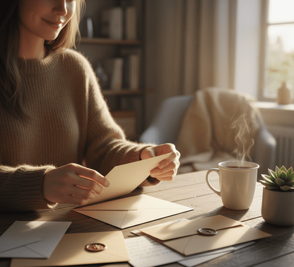 Woman enjoying opening her anture inspired mail from the Wild Petals Postal Service, a snail mail club y glad you're here co.