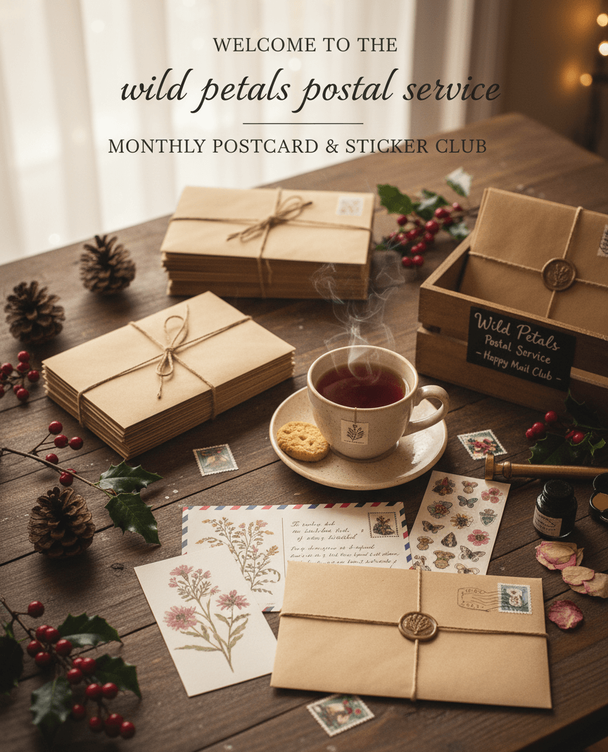 Promotional image for the wild petals postal service with postcards, tea, and decorative items on a wooden table.