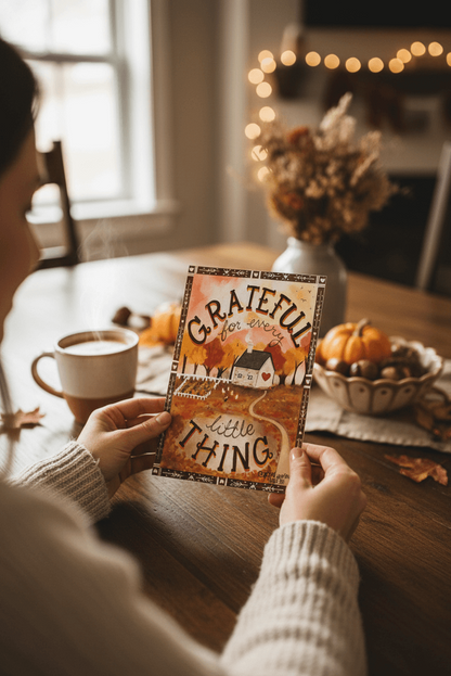 Person holding a 'Grateful for every Little Thing' postcard from the Wild Petals Postal Service at a cozy table with warm lighting and autumn decor.