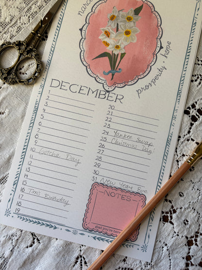 Birth Month Flower Perpetual Calendar | Vintage Floral Wall Hanging Calendar | Birthday Calendar | Notes & Special Dates Organizer