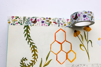 Decorative washi tape with floral pattern on a notebook with floral and geometric designs.
