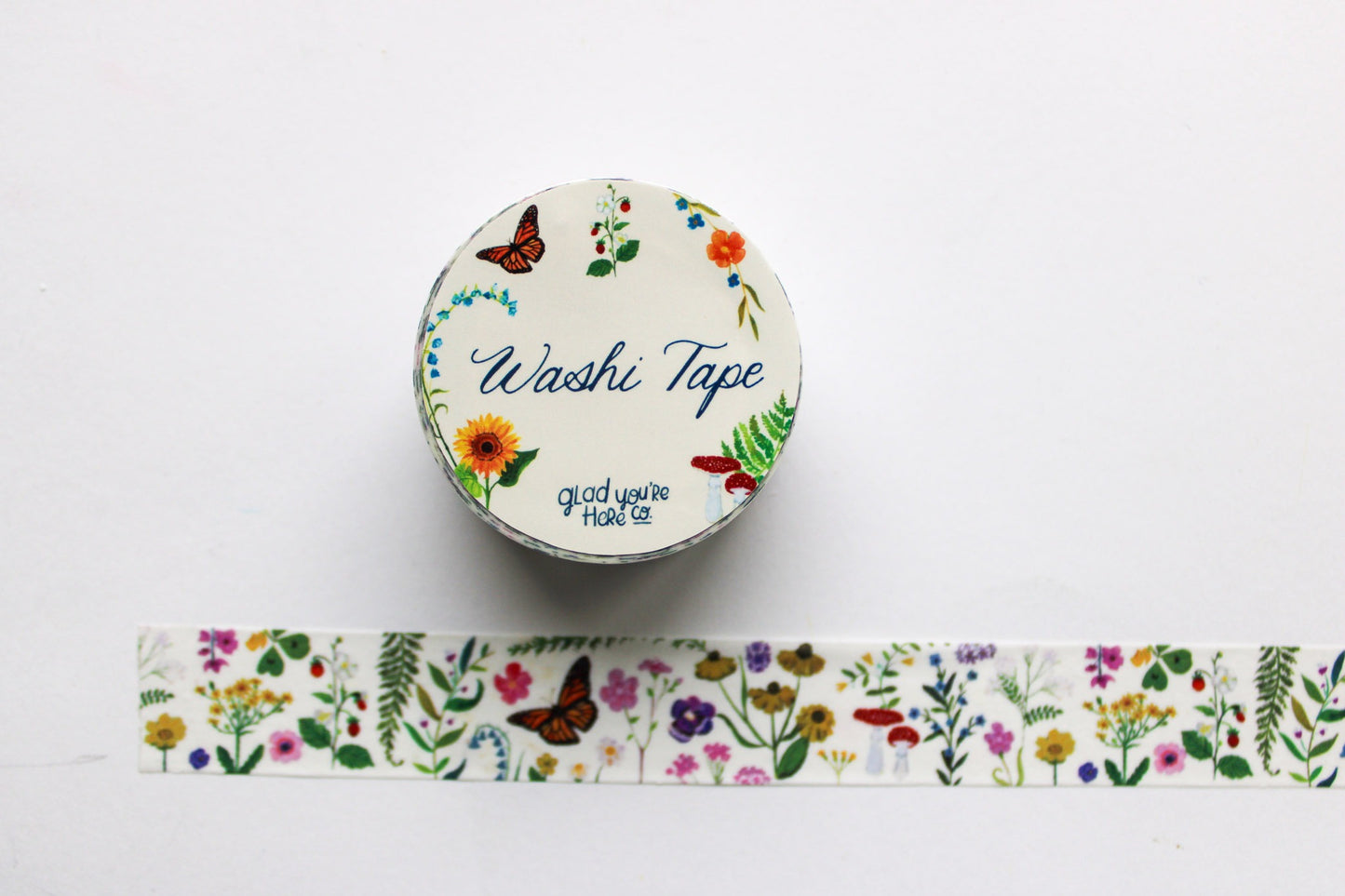 Washi tape with floral design and 'Washi Tape' label on a white background