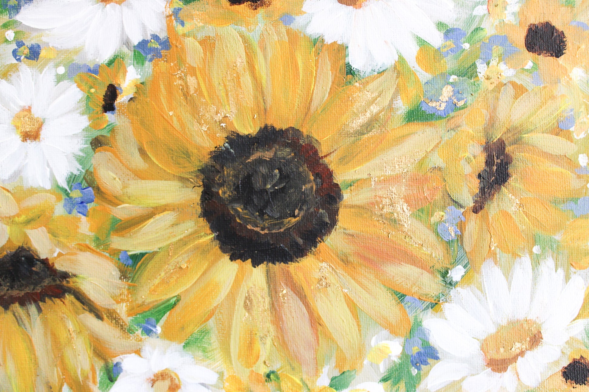 Close-up of sunflowers and daisies with a bee on a white background