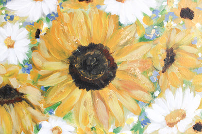 Close-up of sunflowers and daisies with a bee on a white background
