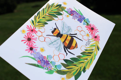 Colorful art print with a mixed media bee and floral design on a white background